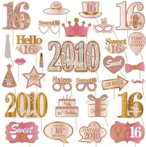 Kuxriox 30Pcs 16th Birthday Photo Booth Props for Girls Women, Pink Rose Gold Vintage 2010 16 Birthday Selfie Props Kit with Sticks Party Supplies Favors, Sixteen Bday Photo Props Decor