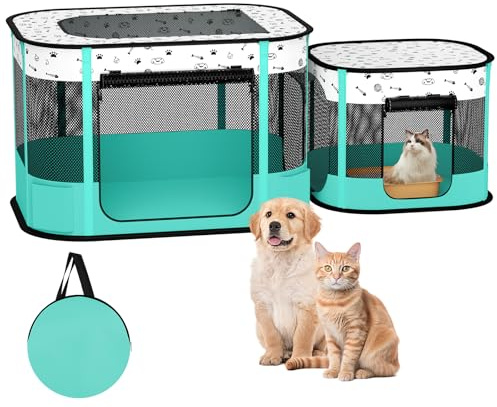 DESELL Portable Cat Playpen, 8-Rod Reinforced Kitten Dog Playpens, Foldable Play Pen for Indoor Cats Enclosed Pet Puppy Doggy Outdoor, Collapsible Tent Kennel Cage House(32x24x22)