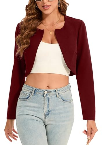 Hobrounn Veste boléro pour femme - Blazer court festif - Élégant - Avant ouvert - Manches longues - Boléro pour robe de soirée, bordeaux, M