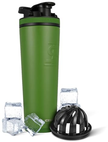 Ice Shaker Insulated Stainless Steel Shaker Bottle | 32oz, Green | Cold for 30+ Hours | Insulated Cup with Twist-on Agitator | Odor-Free Bottle for Protein Shakes, Water, Smoothies, Cocktails