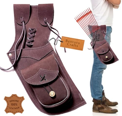 Bantoro Crafts Traditional Leather Archery Quiver – Waist & Hip Arrow Holder with Shoulder Strap for Right-Handed Hunters and Archers (Suede Dark Brwon)