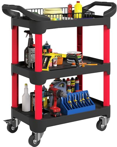 HOMCOM Werkstatt-Rollwagen mit 3 Ebenen Werkstattwagen mit Griff Werkzeugwagen Montagewagen für Garage, Lagerhaus, max. 68 kg Belastbar, Schwarz