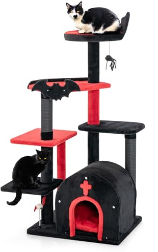 COSTWAY Albero per Gatti Gotico, Tiragraffi con Letto per Gatti, Condominio ad Arco, Pali, Pompom e Palline a Molla, Cat Tree di Halloween a 6 Livelli, Nero e Rosso