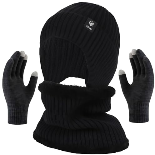 MUNSKT Cappello E Scaldacollo Guanti Uomo, Berretto Termico Foderato In Pile Con Paraorecchie, Scaldacollo Lavorato A Maglia E Guanti Touchscreen Per Il Freddo, Idee Regalo Per Uomo E Donna