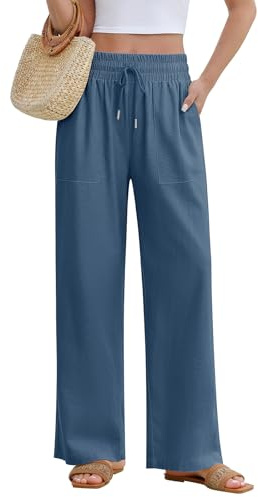 PASUDA Pantaloni Donna Estivi Lino Pantaloni Leggeri Larghi Elastico Vita Alta Lunghi Gamba Dritta Eleganti Pantaloni Palazzo da Spiaggia Jogging Solido Sciolto Casual Comodi con Tasche (Blu, XXL)