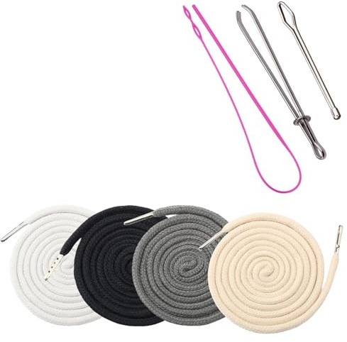 4Pcs Replacement Drawstring Cord with Three Easy Threaders, Round Cotton Drawstring for Pants Sweatpants Hoodies Jackets Shoes