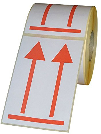'Etichette di spedizione doppia freccia – qui in alto su rotolo – 74 x 105 mm – 1000 pezzi – Rosso/Bianco
