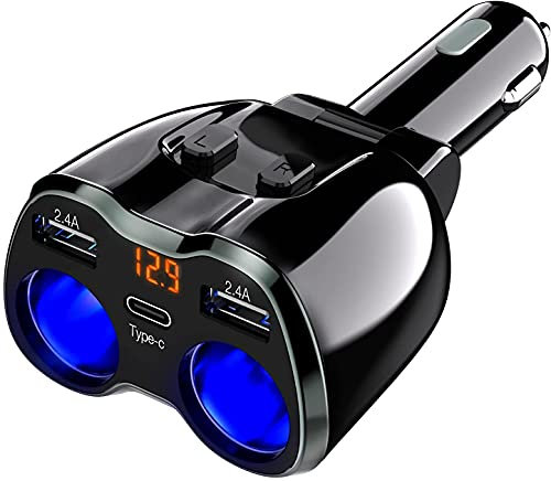 USB C Car Charger, 2 Sockets Cigarette Lighter Splitter 12/24V 80W Dual USB Type-C Ports Separate Switch LED Voltage Display Built-in Replaceable 10A Fuse Compatible Mobile Cell Phone GPS Dash Cam