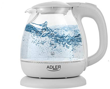 ADLER-Glas-Wasserkocher 1,0 l, drehbarer Sockel, 1100 W Leistung, grau
