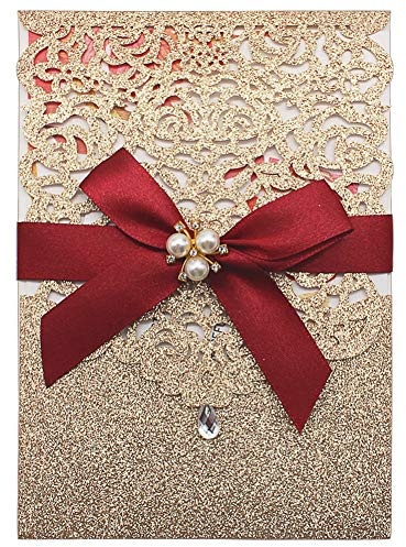 AdasBridal 25Pcs Gold Glitter Laser Cut Invitations with RSVP Cards and Envelopes Luxury Diamond and Ribbon Design with 250GSM Pearl Paper Insert For Wedding Engagement Birthday Quinceanera Invite