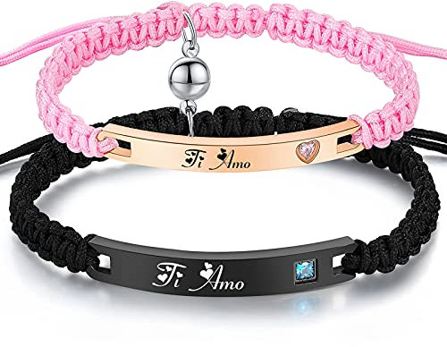 NEHZUS Personalizza il bracciale del polsino del braccialetto La sua corda intrecciata a mano ID Nome corrispondente Bracciali per coppie per gli amanti Incisione personalizzata (Te Amo)
