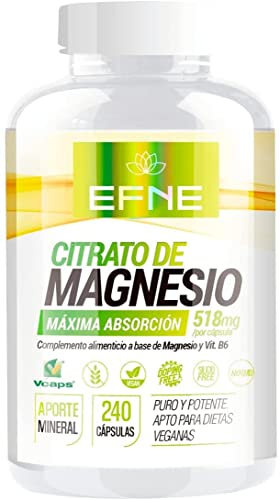 | EFNE | Complemento de Citrato de Magnesio + Vitamina B6 | 510mg de Magnesio Elemental por Tablet | 240 Capsulas| Reduce Cansancio y Fatiga | Aporte mineral | Vegano |