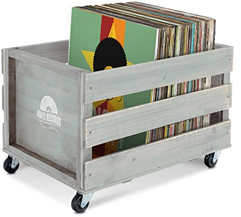 Stagecaptain SPK-100 GY Schallplattenkiste “Emil” 2x Set - Aufbewahrungsboxen für bis zu 100 LPs - aus Vollholz im Retro-Design - 4 lenkbare Rollen - auch für vieles andere bis 25 kg - Grau