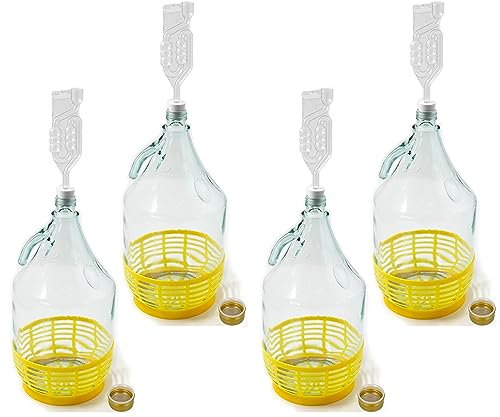 WYSKONT Enghals Ballonflasche mit Schraubverschluss, Schutzkorb, Luftschleuse und Stopfen für die Weinherstellung, Gärung, Getränkeaufbewahrung, aus transparentem Glas, 4 Stück x 5 l