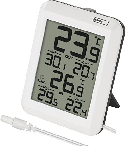 EMOS Digitales Thermometer, Außenthermometer/Innenthermometer mit 0,9 m Kabelsensor und 24 h Memory-Funktion, °C/°F, batteriebetrieben