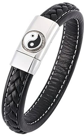 Aeici Armband i rostfritt stål, herrarmband i stål och läder armband herr svart rund mönsterarmband, Rostfritt stål