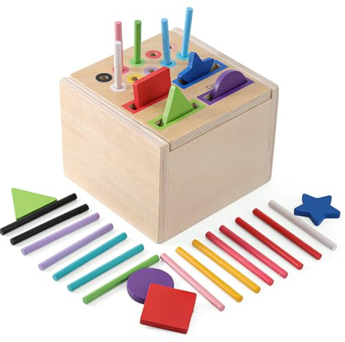 Gezimetie Montessori Giocattolo per Bambini da 1 a 3 Anni, Giocattolo Sensoriale e Motorio con Bastoncini Colorati e Modanature in Legno