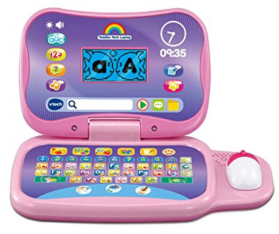VTech Toddler Tech Laptop, Pink Interactive Educational Computer Toy, 20 Games for Pre-School Children, Learn Alphabet, Letters, Shapes, Numbers, Music & French, Kids 2, 3, 4 + Years, English Version
