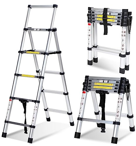 Lospitch Escalera telescópica plegable 1,4 + 1,7 m de aluminio antideslizante, escalera multiusos con marco en A, escalera de aluminio de 4 + 5 peldaños, capacidad de carga de 150 kg