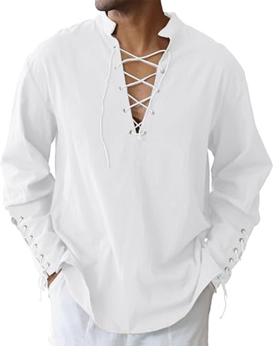 LVCBL Camisa medieval para hombre, camisa de lino estilo retro tradicional, con cordones, M-3XL