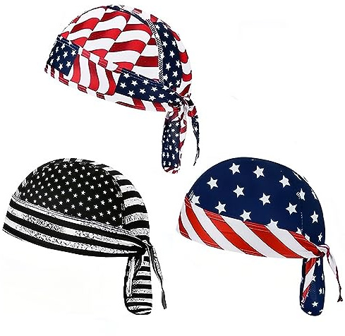 DANLCUPL 3 Piezas de Trapos de rocío con Calavera de Trapo de rocío, Gorro Pirata, Envoltura para la Cabeza, Bandana, Forro de Casco para Hombres, Ciclismo, Motocicleta, Bandera Americana Rojo Negro,