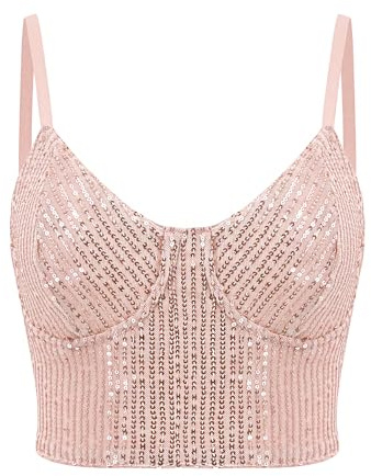 Erinaco Women's Sexy Sequins Crop Top Sparkle Glitter Spaghetti Strap Tank Top Slim Fit Sleeveless Camisole Vest Nude Pink