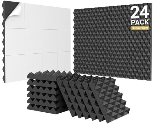 24 Pack-30×30×5 cm Selbstklebende Akustikschaumplatten, TONOR Pyramide Entworfene Schallkanäles für die Absorption von Echos, Schallabsorbierende Schaumstoffe Geeignet für Haus und Studio, Schwarz