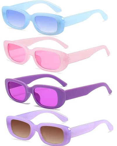FSMILING 4 Stück Vintage Sonnenbrille Damen Set Retro Rechteckige Sonnenbrillen Damen Bunt 90er Trendy Brille Für Damen