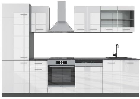 Vicco Küchenzeile R-Line, Weiß Hochglanz/Anthrazit, 300 cm, AP Anthrazit, geeignet zur individuellen Erweiterung durch Zusatzmodule