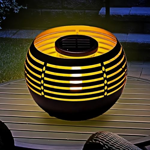 Faroles solares impermeables para exteriores, lámpara de mesa para patio, decoración de cuenco de fuego de metal con luz amarilla cálida parpadeante de llama LED decorativa (1)