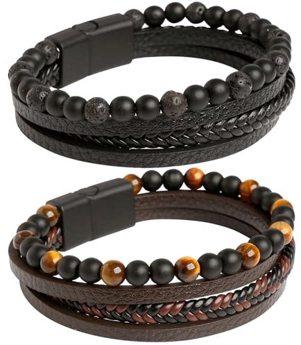TYXHXTF 2 Stück Herren Armband, Armband für Männer in Schwarz & Braun, Geflochten Breites Wickelarmband, Tolles Geschenk für Männer Papa
