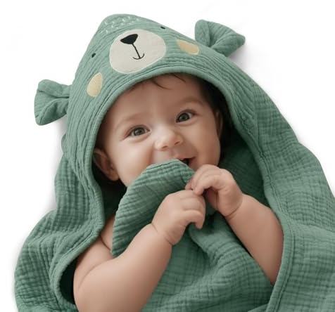 Blissful dagbok muslin baby handduk med huva, mjuk och absorberande badhandduk för nyfödda, spädbarn, småbarn, unisex, 32 tum x 32 tum – smart björn