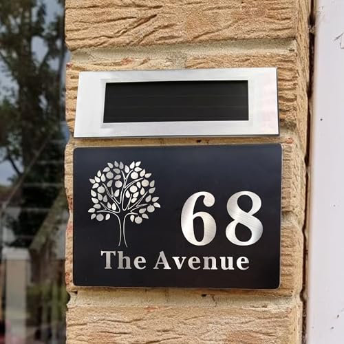 Solar House Number Personalised House Numbers Plaques with Solar Lights Door Number Plaques for Wall Houses Signs Houses Name Plaque for Outside House Numbers Plate (Solar-Design 1)