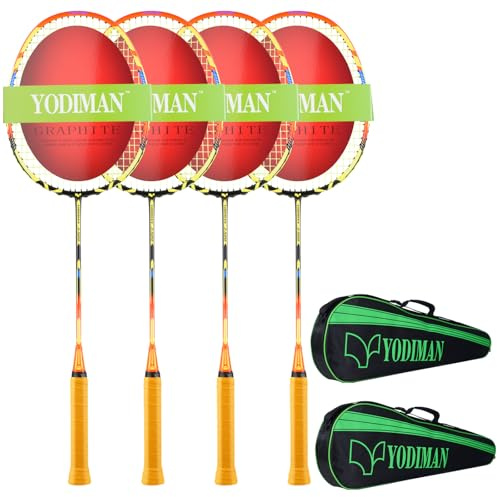 YODIMAN 4-Pack Graphite Badminton Rackets - Ultra-Lightweight with High Elasticity & Shock Absorption, Pre-Wrapped Grip, Includes 2 Large Badminton Bags (Orange)