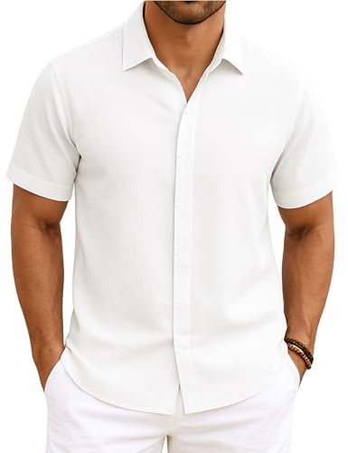 Enlision Blanc Chemise Homme Manches Courtes Décontractée Été Chemises pour Hommes Patte de Boutonnage Dissimulé Regular Fit Casual Shirts XL