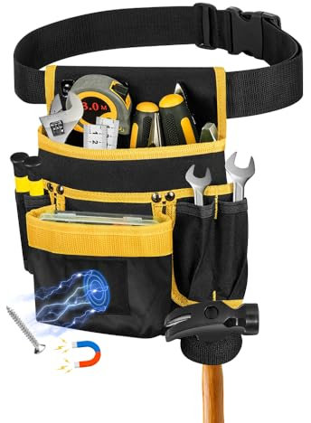 Kleemeiero Ceinture Porte Outil, Ceinture Outils Bricolage avec 12 Poches Ceinture Bricolage Magnétique Porte Outils Ceinture Amovible et Réglable Sacoche Outils pour Charpentier, Electricien