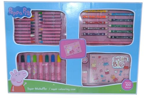 HOX Peppa Pig 100+ Piece Colouring Set for Kids – Includes 10 Mini Coloured Pencils, 20 Crayons 8 Markers Pencil Eraser Sharpener 4 Colouring Templates 15 Colourful Sheets