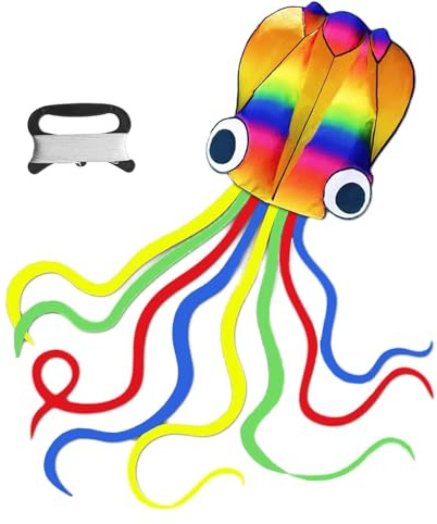 Giant Rainbow Soft Octopus Kite for Kids and Adults 4.2 * 0.7m Large Kite Long Tail 100m Kites Line Handle Great Gift for Beach Trip Outdoor Games