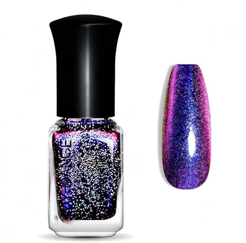 Glitter Color Changing Holographic Nail Varnish - Blue Base Refective Shimmer Chameleon Nail Polish Quick Dry - No Need UV DIY Manicure Nail Art at Home