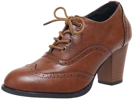Women's Classic Lace-Up Brogue Pumps Low Shoes with Block Heel Women's Suit Shoes Comfortable Business Shoes Lace Toe Brogue Pumps with Block Heel, brown, 6 UK