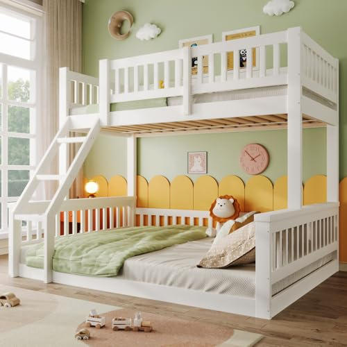 Vepssder letto a castello per bambini, Letto castello bambini con scaletta e sponde, Letto 140x200+90x200, per cameretta bambino, Famiglia ecc. Materasso non incluso (Bianco)