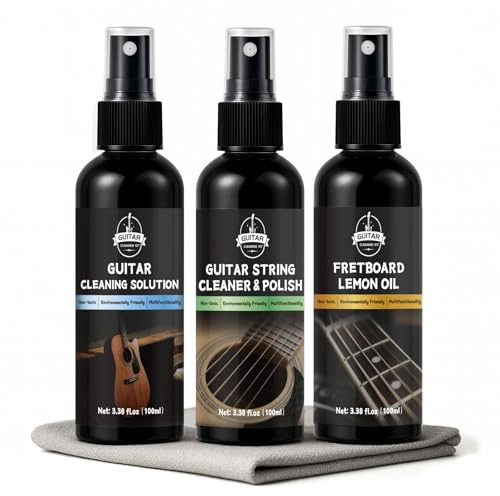 Kit de limpieza de guitarra: limpiador y abrillantador de cuerdas de guitarra, tono de diapasón, cuerdas, diapasón y diapasón. Limpia, pule y protege todo tu instrumento.