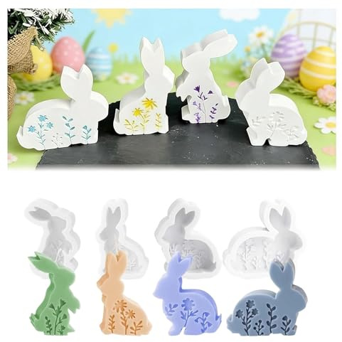 DINGFENG Stampi Silicone Pasqua Set 4 Pezzi - Stampi 3D Coniglietto Pasquale con Rilievo Floreale per Candele, Gesso, Resina Epossidica - Facile Estrazione, Decorazioni, Regalo Fai da Te, Attività