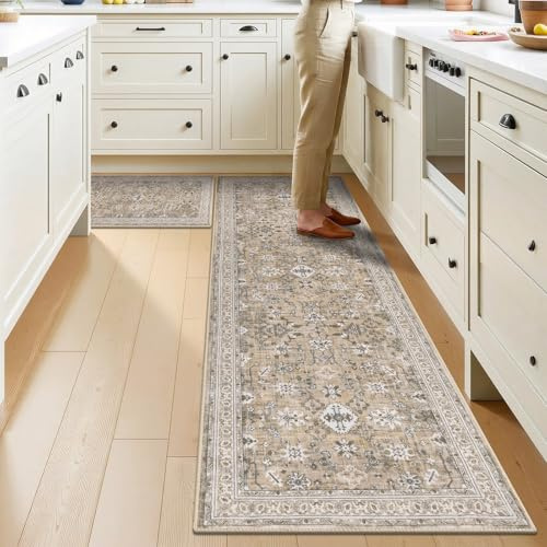Ileading Kitchen Rugs Sets of 2, Non Slip Washable Kitchen Mats for Floor, Vintage Stain Resistant Floor Mat Runner for Kitchen Sink Laundry Hallway, Beige 24x36+24x72