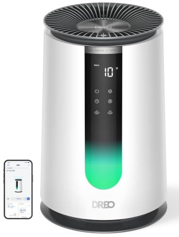 DREO Purificatore Aria Camera 195 m³/h CADR, 338S Puri Ficatore Aria, 3-in-1 HEPA Filtro, 4 Modalità, 4 Velocità, 18dB, display AQl, Sensore PM2.5, Modalità Auto, Cuscino Aroma, Wi-Fi/Controllo Vocale