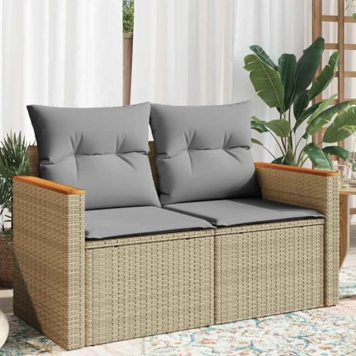 YuuSsea Trädgårdssoffa 2-sitsig poly rotting med kudde och förvaringsutrymme, väderbeständig loungesoffa för balkong terrass trädgård, modulär bekväm sittgrupp, beige, inklusive tvättbara överdrag