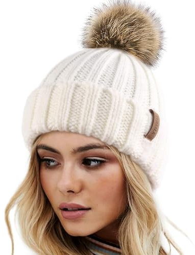 FURTALK Womens Winter Knitted Beanie Hat with Faux Fur Pom Poms Warm Knit Skull Cap for Women White