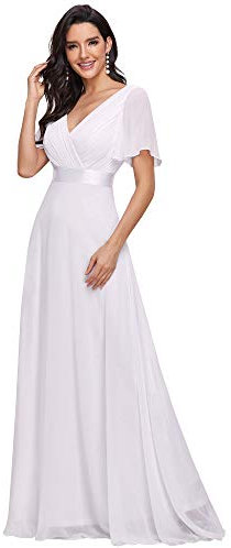 Ever-Pretty Women's Elegant Double V Neck A Line Empire Waist Short Sleeve Long Chiffon Wedding Dresses White 22UK