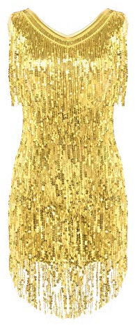 Agoky Damen Ärmellos Pailletten Kleid V-Ausschnitt Glitzer Quasten Partykleid Flapper Kostüm Tanzkleid Samba Tango Latein Outfits Gold M