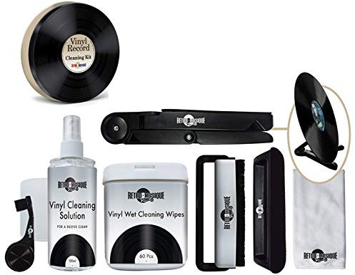 Kit completo per la pulizia di dischi in vinile con scritta Retro Musique, in latta di metallo, include tutto ciò di cui potresti aver bisogno: pennello per puntina, spazzola antistatica in fibra di carbonio, spazzola in microfibra e altro ancora